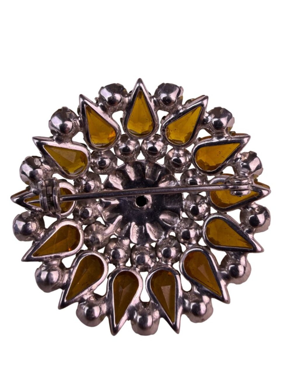 Vintage  Silver Tone Amber Rhinestone Round Pin Brooch